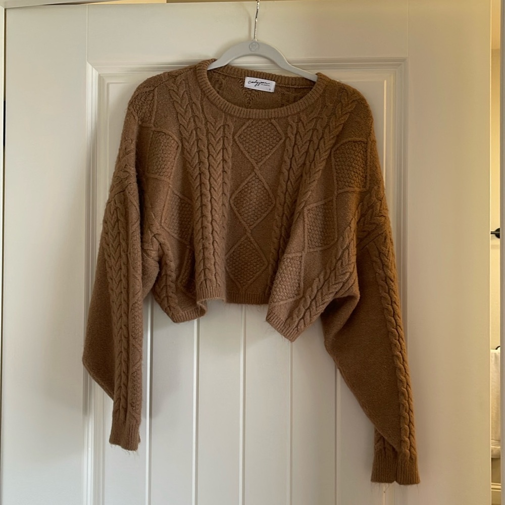 Carly Jean Los Angeles Cropped Cable Knit Sweater in Camel Brown